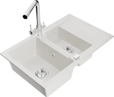 Produktbild von Mexen Gaspar 1,5-Becken-Granitspüle mit Abtropffläche und Mischbatterie Duero, Weiß - 6507-20-671600-00