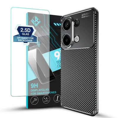 Produktbild von Handy Hülle für Xiaomi Redmi Note 13 Pro mit 9H Displayglas Displayschutz Carbon Look Cover Case Schutzhülle Farbe: Schwarz