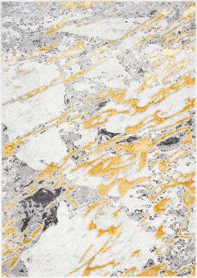 A close-up view of a rug with a marble-like pattern in gray and gold.