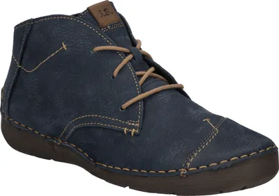 A single blue leather boot is shown against a white background.