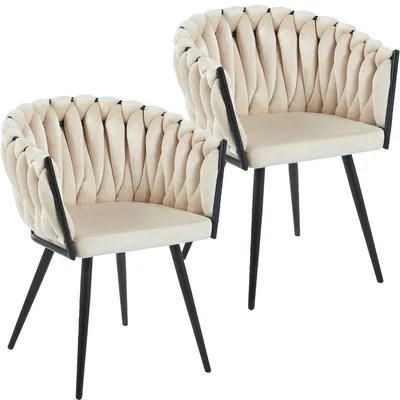 Two beige upholstered chairs with black legs are shown against a white background.