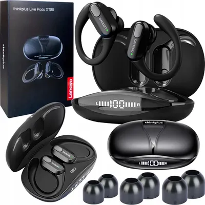 A collection of Lenovo XT80 wireless earbuds and their charging case, along with packaging and accessories, displayed against a white background.