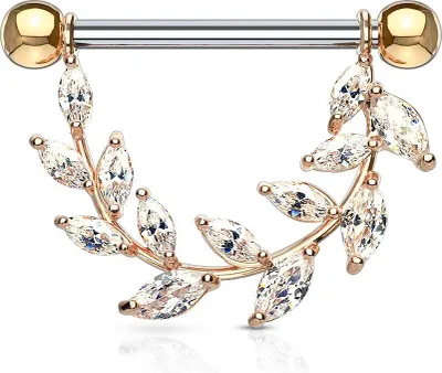 Produktbild von Brustwarzen Piercing Nippelpiercing Brustpiercing Blatt Blätter Zweig Zirkonia Kristalle Autiga® rosegold