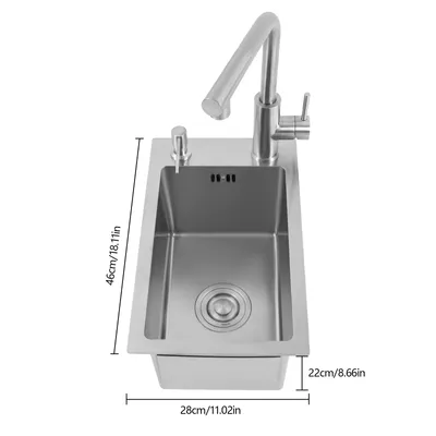 A stainless steel kitchen sink with a faucet and soap dispenser, with dimensions indicated by text overlays.