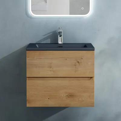 Immagine prodotto di doporro Mobile Bagno Sospeso 60cm, Mobile da Bagno Marrone Chiaro con 2 Cassetti Include Lavabo Antracite Opaco Aqualis F156