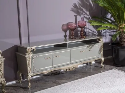 Produktbild von Casa Padrino Luxus Barock TV Schrank Grau / Silber 205 x 48 x H. 77 cm - Prunkvoller Massivholz Fernsehschrank - Barock Wohnzimmer Möbel