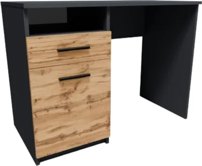 Produktbild von MATKAM Schreibtisch Bodo DSP H75xB100xT50cm, laminierte Möbelplatte, Schublade mit Metalllaufleiste auf Rollen, Ablage mit Tür (Anthrazit-Wotan Eiche)