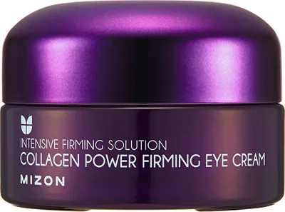 A close-up studio shot of a Mizon Collagen Power Firming Eye Cream jar.