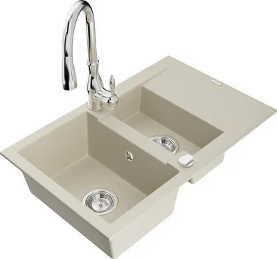 Immagine prodotto di Mexen Gaspar lavello in granito 1,5 vasche con scolapiatti e rubinetto cucina Savita, beige - 6507-69-672601-00