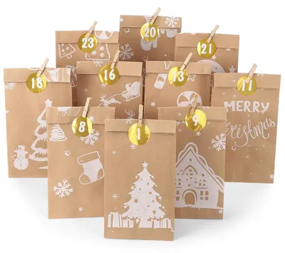 Obrázek produktu pro Adventní kalendář k naplnění - Sada 24 papírových sáčků - 28 x 15 x 9 cm - Bílá - Na vánoční dekoraci