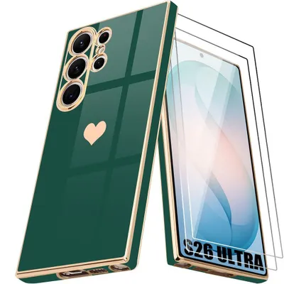 Image de Coque + 2 Verres Trempés pour Samsung Galaxy S26 Ultra, Silicone avec Motif Cœur Protection Antichoc Vert Nuit