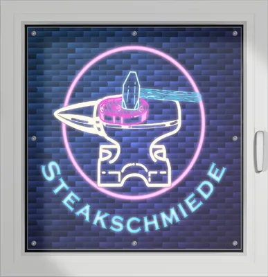 Produktbild von Wallario Lichtschutzbild, Dekorativer Sichtschutz Sonnenschutz 96 x 93 cm mit Motiv: Steakschmiede - Verdunklung ohne Bohren