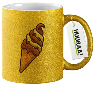 Produktbild von Huuraa Glitzertasse Eiscreme Comic 330ml Gold Keramik Kaffeebecher Geschenkidee