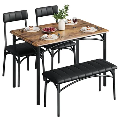 Image de Ensemble de salle à manger composé d'une table, de deux chaises et d'un banc, de couleur marron rétro