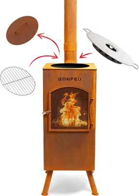 Produktbild von BonFeu BonCarré Rost - Terrassenofen - Feuerstelle mit Funkenschutz für entspannte Abende  - Feuersäule Outdoor - Terrassenkamin mit Grillrost - Gartenofen aus hochwertigem Cortenstahl - 35x35x153cm