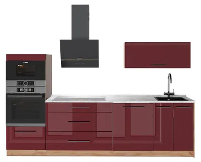 Produktbild von Küchenzeile Vicco Fame-Line Bordeaux Hochglanz/Goldkraft Eiche 280 cm, AP Marmor, Model 64697
