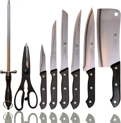 Produktbild von Premium 9-teiliges Messerset mit Holzbrett - Ausbeinmesser, Hackbeil, Universalschere, Filetmesser, Brotmesser, Fleischmesser, Kochmesser, Wetzstahl und Holzbrett