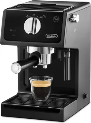 A black DeLonghi espresso machine with a shot of espresso in a glass cup.