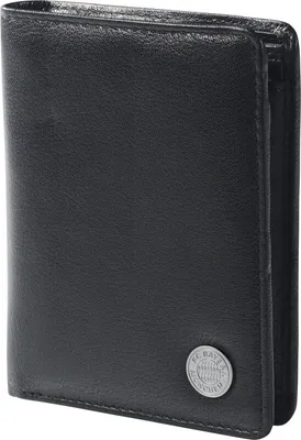 A black leather wallet with a silver FC Bayern München logo on the front.