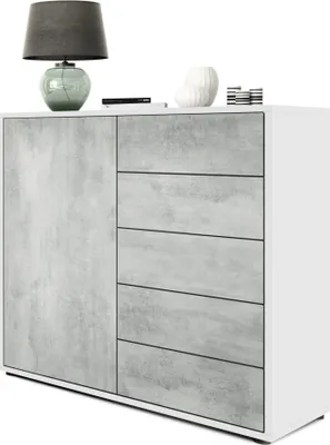Produktbild von Vladon Sideboard Ben V2,  Germany, Kommode mit 1 Tür und 5 Schubladen, Weiß matt/Beton Oxid-Optik (79 x 74 x 36 cm)