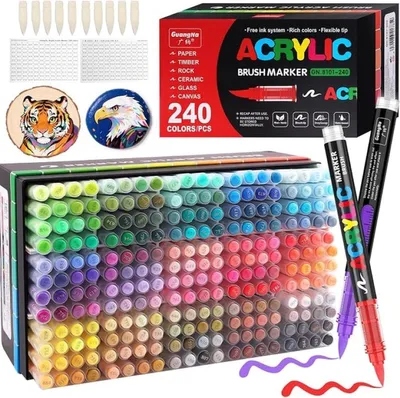 Produktbild von PromoHome® 240 Farben Acrylmarker-Set – Stifte mit flexibler Pinselspitze – Acrylstifte für Stein, Holz, Glas, Keramik, Papier – Inklusive