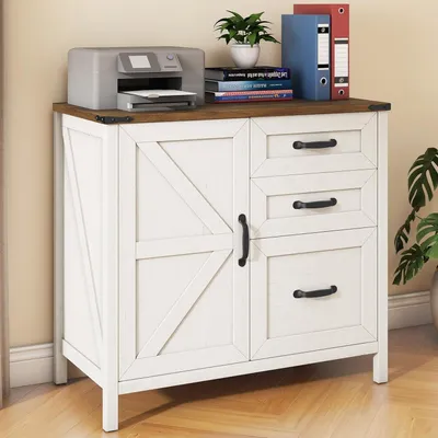 Image de Armoire de classement à 3 tiroirs, style rustique, blanche, en bois, pour bureau à domicile, format A4/Letter