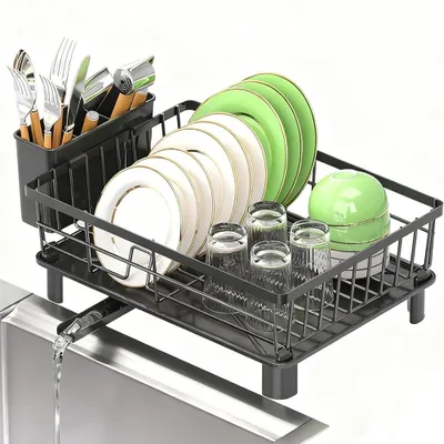 Obrázek produktu pro Odkapávač na nádobí s odkapávací podložkou, stojan do kuchyňského dřezu, s odnímatelným odtokem 360°, stojan na nádobí na kuchyňskou desku, kuchyňský dřez
