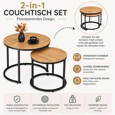 Produktbild von 2er Set Couchtische rund – Schwarz / Holzoptik Craft – Nesting Beistelltische 53/43 cm – Loft Design