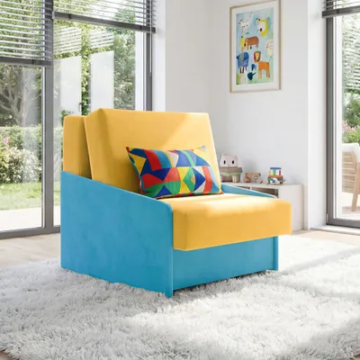 Produktbild von Schlafsessel ANIA mit Bettfunktion & Bettkasten, Liegefläche 80x190 cm, Einzelsessel ausziehbar, Samt Gelb/Türkis