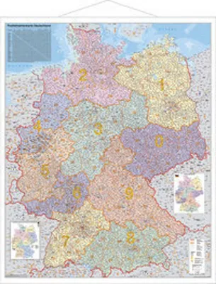 Produktbild von Postleitzahlen-Karte Deutschland 1 : 1 000 000. Wandkarte Kleinformat mit Metallstäben