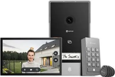 A video intercom system with a screen, outdoor unit, and keypad.