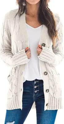 Produktbild von ASKSA Damen Strickjacke Strickpulli Langarm mit Taschen Knopf Pullover Casual Einfarbig Strickmantel, Beige, S