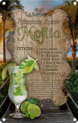 Produktbild von vianmo Blechschild 18x12 cm Rezept Mojito Zutaten Limette Minze England Restaurant Küche