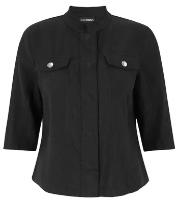 Produktbild von Leinen Jacke im Jeansjacken-Stil mit lockerem Stehkragen, 3/4-Arm und Druckknopf-Verschluss