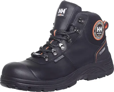 A black work boot with orange accents.