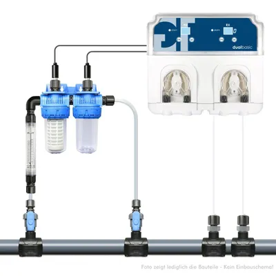 Produktbild von GT dualbasic PH + REDOX (Chlor) automatische Dosieranlage mit 50ér Anbohrschellen mit Bypass mit SDM inkl. Zubehör für Becken bis 100 m³ geeignet