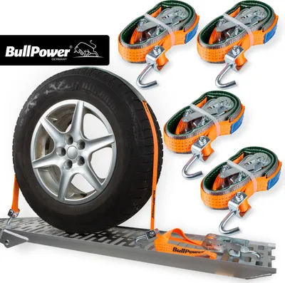 Produktbild von 4x BullPower Spanngurte AZG114 - Autotransport PKW Zurrgurte Reifengurte Transportsicherungen - LC 3000 kg / daN mit Ratsche und Haken - 35mm breit