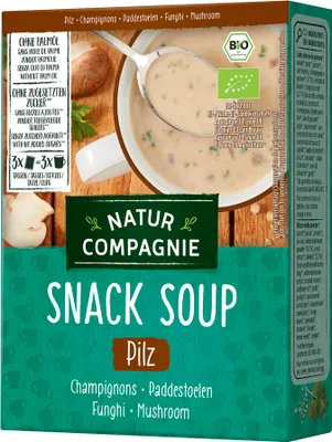Produktbild von Natur Compagnie 4683, 17 g, Pilz, 2 min, Einfach Beutelinhalt in eine Tasse geben, mit kochendem Wasser übergießen, gut umrühren und 2..., Palmöl, VOLLMILCHPULVER*, Stärke* (Mais*-, Kartoffelstärke*), Meersalz, Champignonpulver* (4,4%),...