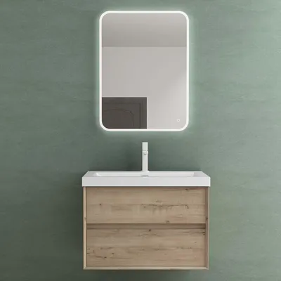 Produktbild von Mai & Mai Badmöbelset Badezimmermöbel Waschbeckenunterschrank 2 Schubladen mit SoftClose inkl. Waschbecken und LED-Badspiegel Eiche Greige 76,5cm Rimo