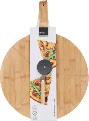 Produktbild von Pizza Schneidebrett Bambus Set mit Pizzaschneider - Servierplatte rund 38 cm