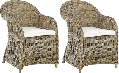 Produktbild von BELIANI Gartensessel 2er Set Natürlich Rattan mit hoher Rückenlehne Auflage Cremeweiß Baumwolle Terrasse Balkon Außen Wohnzimmer Gartenzubehör Retro
