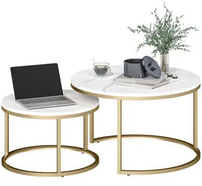 Produktbild von 2er-Set runde Couchtische, stapelbare Beistelltische Metallrahmen, für Wohnzimmer