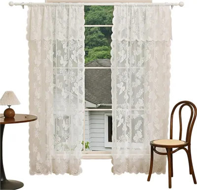 Produktbild von 2 Stück Vorhang aus Spitze, Bestickt Gardine mit Schmetterling & Blumenmuster, Weiß 183 x 193 cm