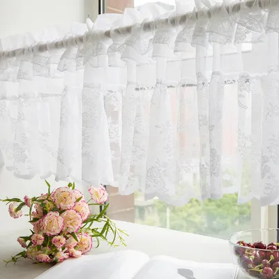 Obrázok produktu pre Záclona s výšivkou v štýle boho, čipka, biela, krátka záclona do kuchyne, obývačky a spálne, š132 x v61 cm