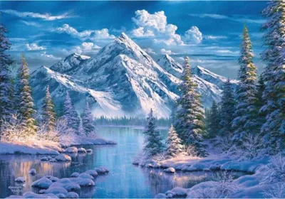 Produktbild von Diamantmosaik "Fluss in den Bergen im Winter", 30x40 cm, kreative Diamanten