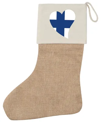 Produktbild von Huuraa Weihnachtsstrumpf Finnland Flagge Herz Beige Jute Kaminstrumpf Geschenkidee