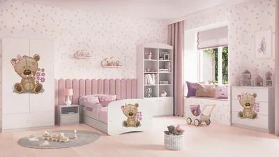 Image de Lit d'enfant Lit d'adolescent Teddybärblumen 70x140, 80x160, 80x180 cm - Set complet avec tiroir & protection antichute