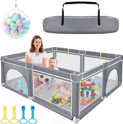 Produktbild von LZQ ohrádka pre deti, 180 × 150 × 68 cm ohrádka pre deti, veľká bezpečnostná brána na detské ihrisko s mäkkou sieťou, protišmykovým dnom Oxford, loptičkami a 4 sťahovacími krúžkami, tmavo sivá