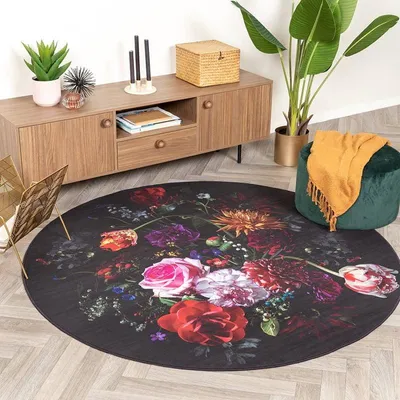 Produktbild von Volero - Teppich Floral Rund - Florine Schwarz Rosa - Ø 100 cm - Wohnzimmer, Esszimmer, Schlafzimmer - Boho, Industrielle, Ländlich, Modern