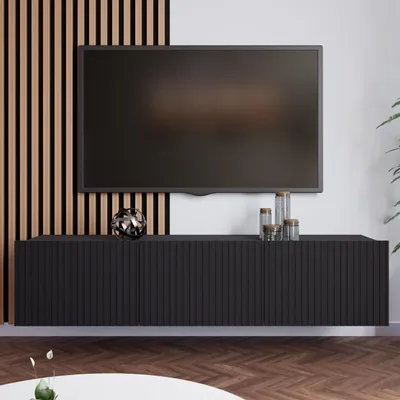 Produktbild von BEAUTYSOFA | TV-Schrank KAVELL 150 cm geriffelte Fronten, hängend/stehend, Fernseherschrank mit 3 Türen, Schwarz